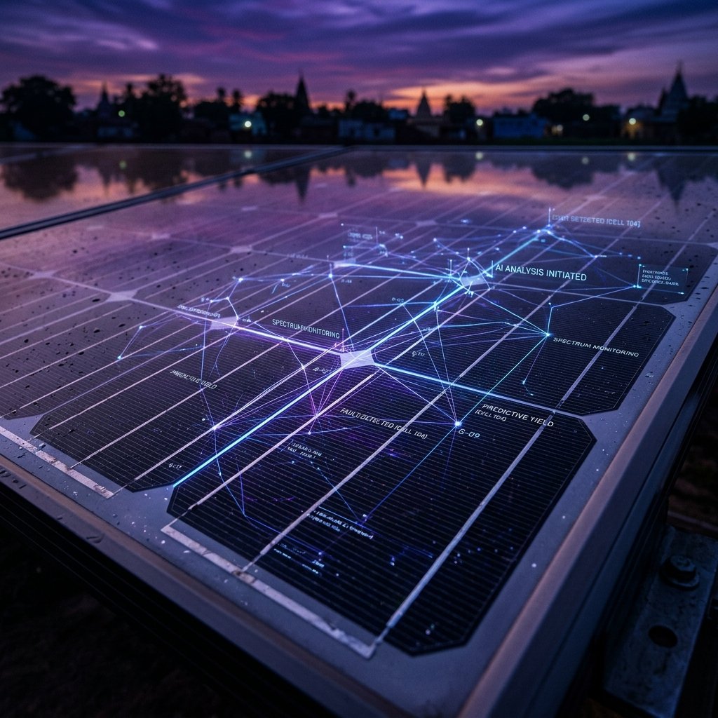 Macro shot of a solar panel reflecting a deep purple sky with digital neural network lines