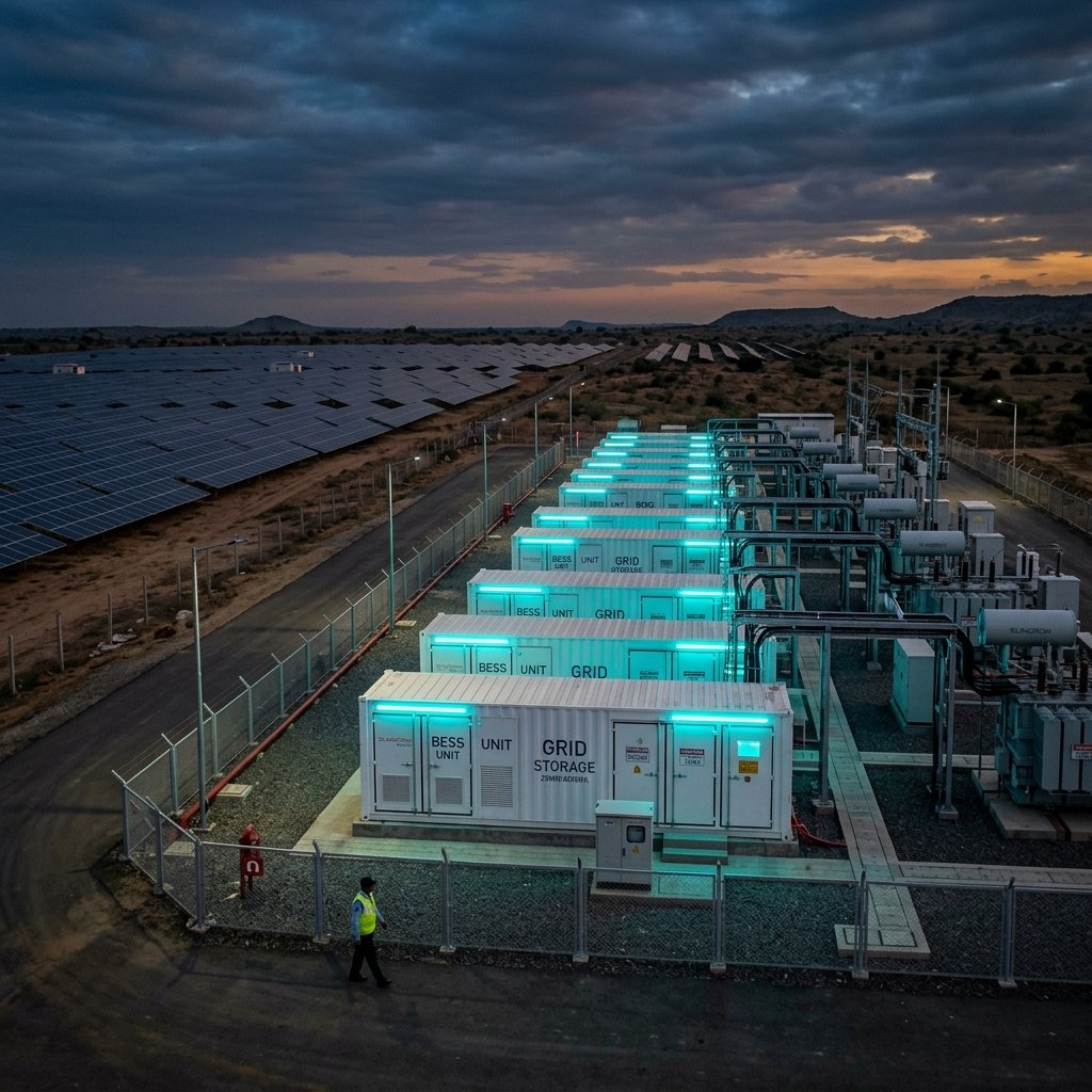 Industrial battery energy storage system facility at twilight