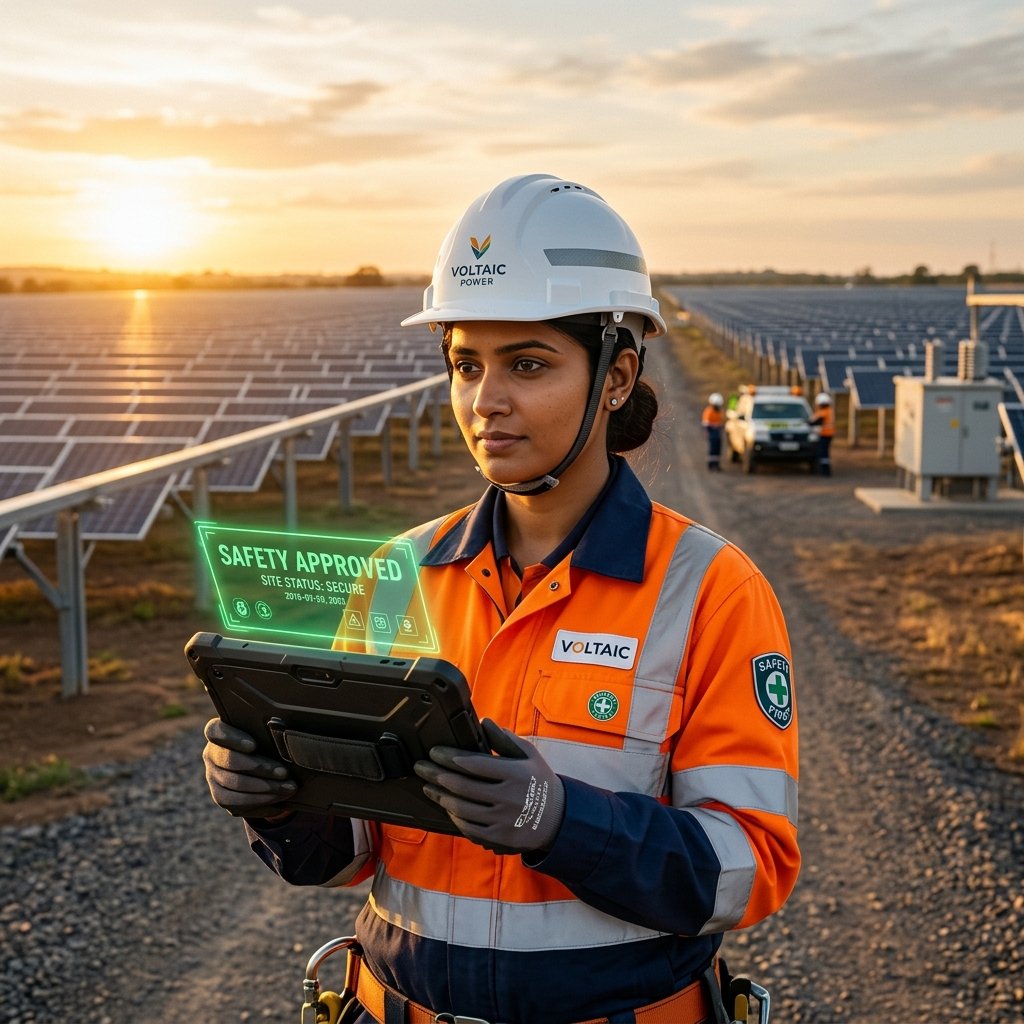 Indian solar technician in premium safety gear holding a tablet