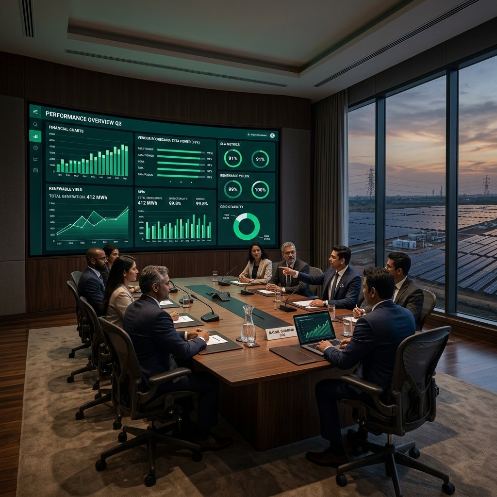 Luxury corporate boardroom with a massive curved glass screen displaying sharp vendor scorecards