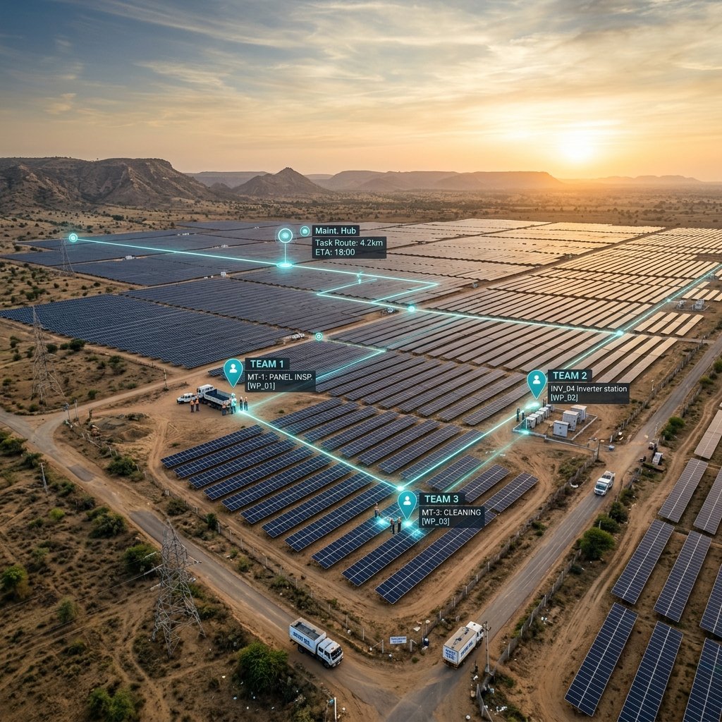 Dynamic high-angle shot of a utility-scale solar plant with glowing digital routing lines